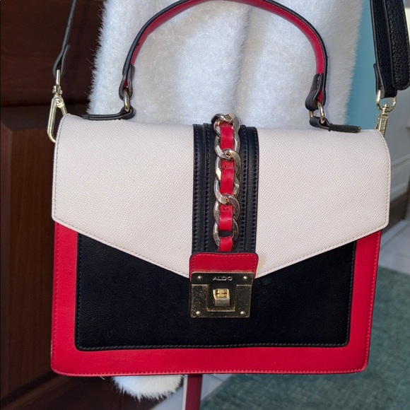 Aldo Color block satchel shoulder/cross body bag vegan leather red white black - Picture 1 of 16
